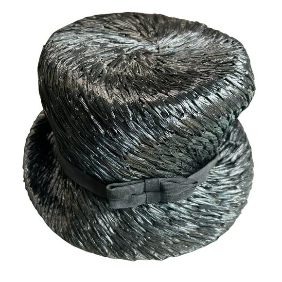 Vintage- Pillbox Black Woven Hat- Two bows- Michelle- Some wear Chic - Picture 1 of 6